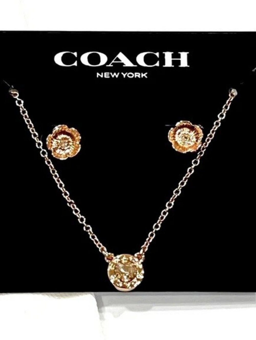 Coach Rose Gold Tone Necklace & Matching Tea Rose Stud Earrings NWT